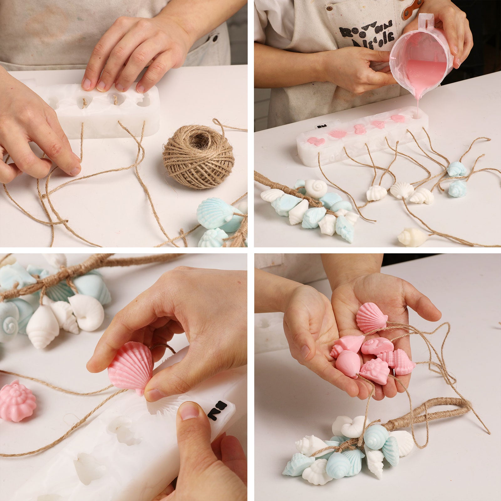 Four-grid collage showing full DIY process of casting, threading and assembling hanging seashell soap with silicone mold - Boowan Nicole