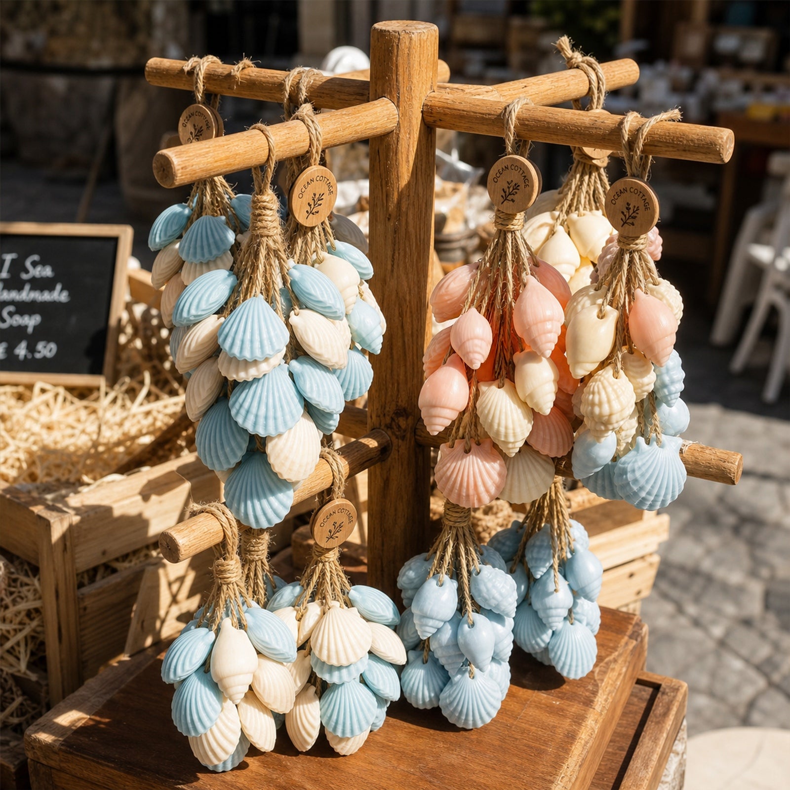 Multi-color hanging seashell soap bunches displayed on wooden retail rack for handmade bath product shop - Boowan Nicole