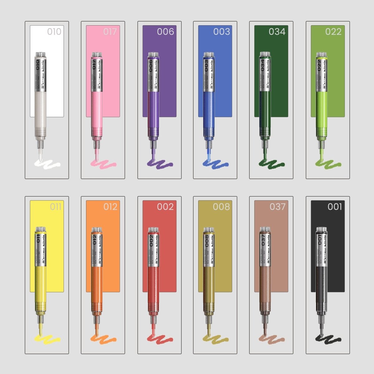 Omni Craft Pen color chart showing 12 refillable acrylic paint pens with matching swatches in white, pink, purple, blue, green, yellow, orange, red, gold, beige and black.