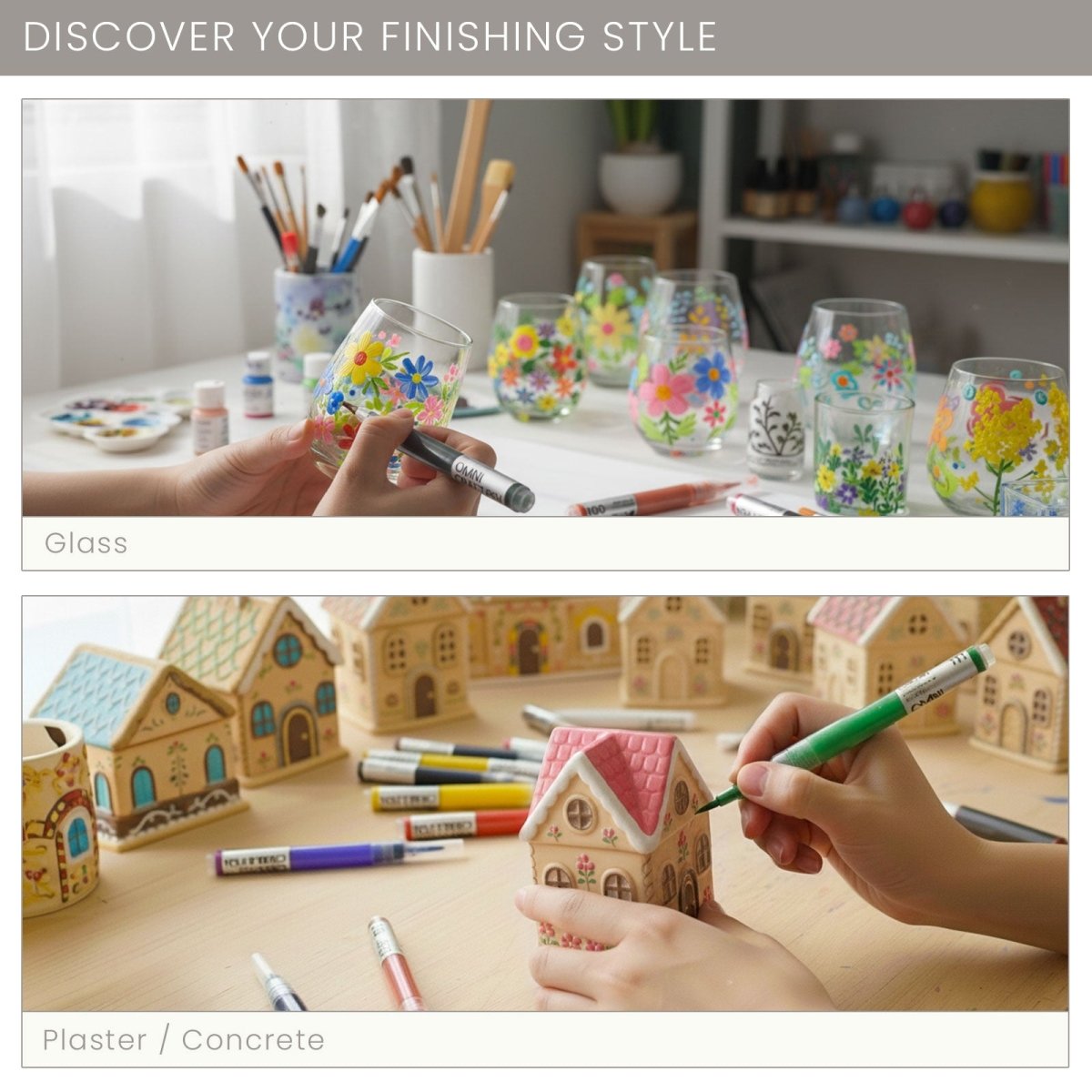 Hand using Omni Craft Pen to paint colorful florals on glassware and plaster village houses, showing all-surface finishing styles - Boowan Nicole