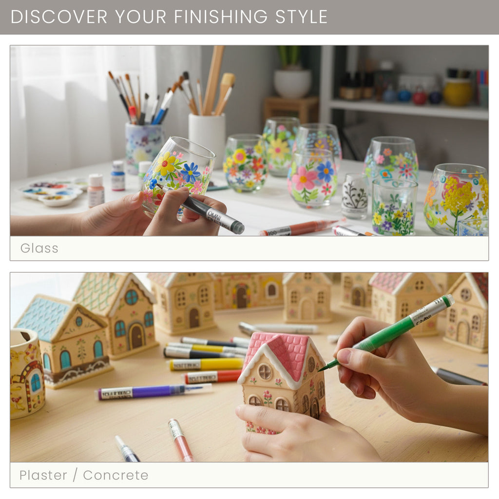 Hand using Omni Craft Pen to paint colorful florals on glassware and plaster village houses, showing all-surface finishing styles - Boowan Nicole