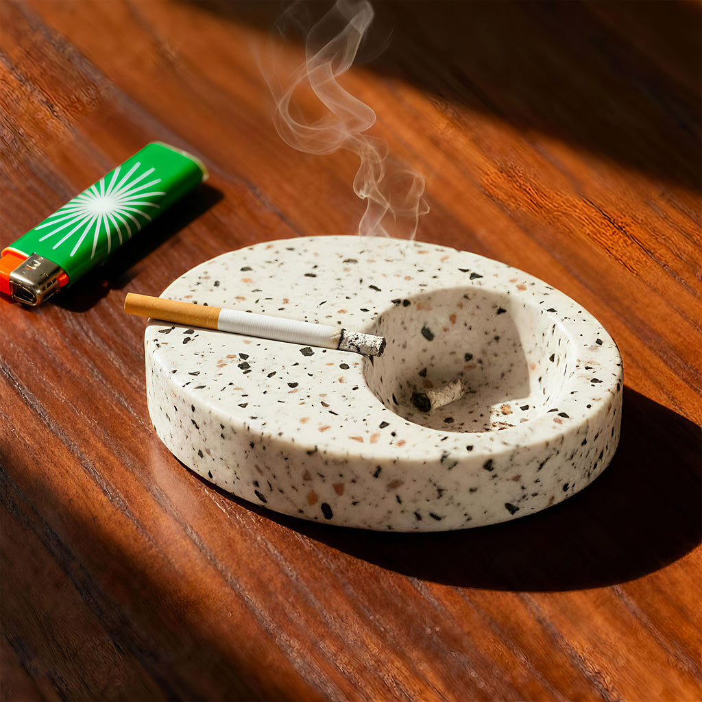 Terrazzo oval ashtray with bowl and slim groove holding a cigarette - Boowan Nicole