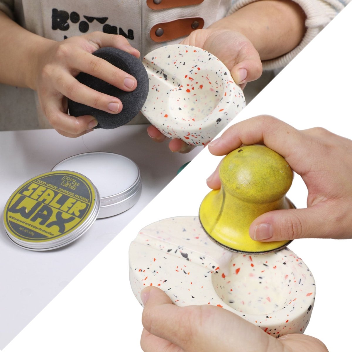 Applying sealer wax with a sponge and burnishing tool after demolding - Boowan Nicole