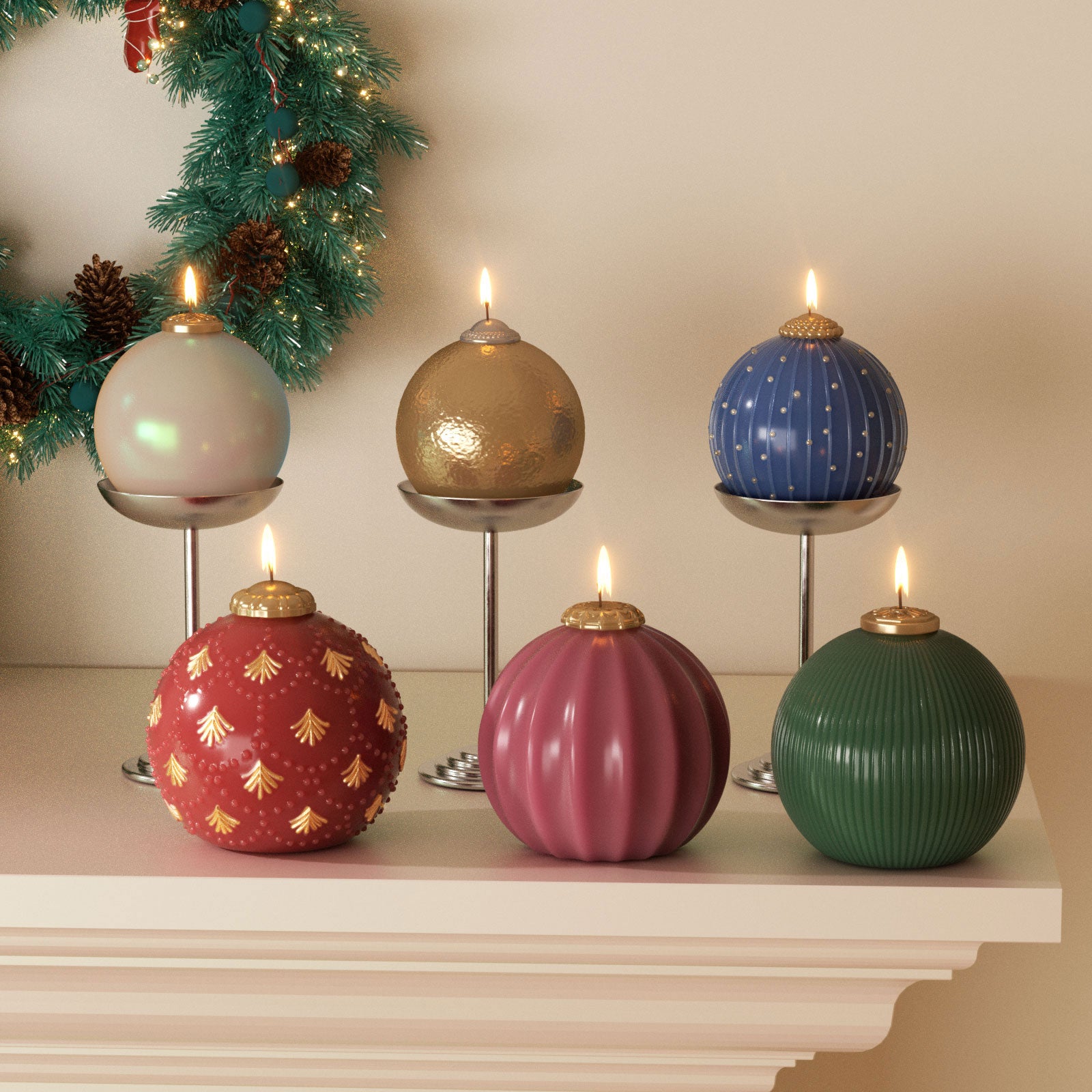 Six lit Christmas bauble candles in assorted finishes—pearlescent, hammered, pinstripe dot, fir relief, fluted, and fine rib—on a mantel with wreath - Boowan Nicole