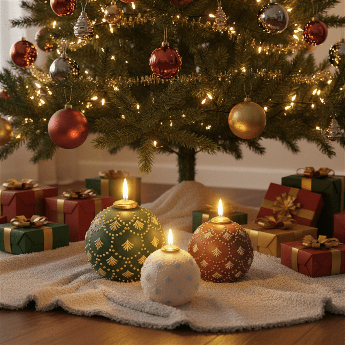 Three lit bauble candles—green, ivory, and cocoa—with fir-sprig embossing and gold caps under a Christmas tree, surrounded by gifts - Boowan Nicole