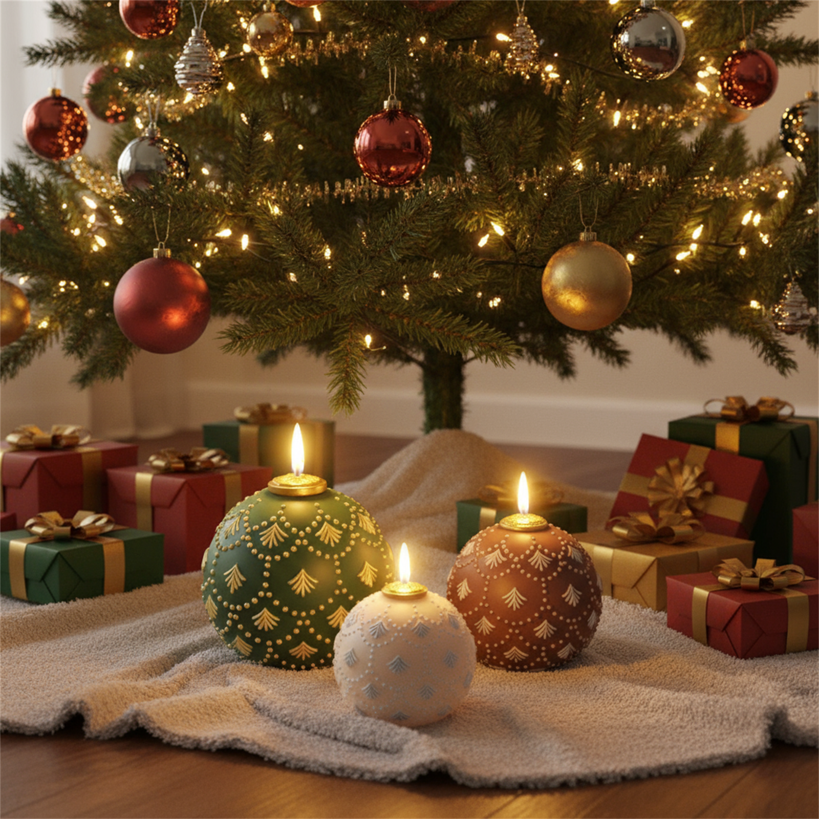 Three lit bauble candles—green, ivory, and cocoa—with fir-sprig embossing and gold caps under a Christmas tree, surrounded by gifts - Boowan Nicole