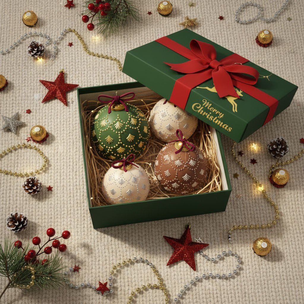 Gift box of four bauble candles—green, ivory, and cocoa—with fir-sprig embossing and ribbon bows, styled with Christmas beads and stars - Boowan Nicole