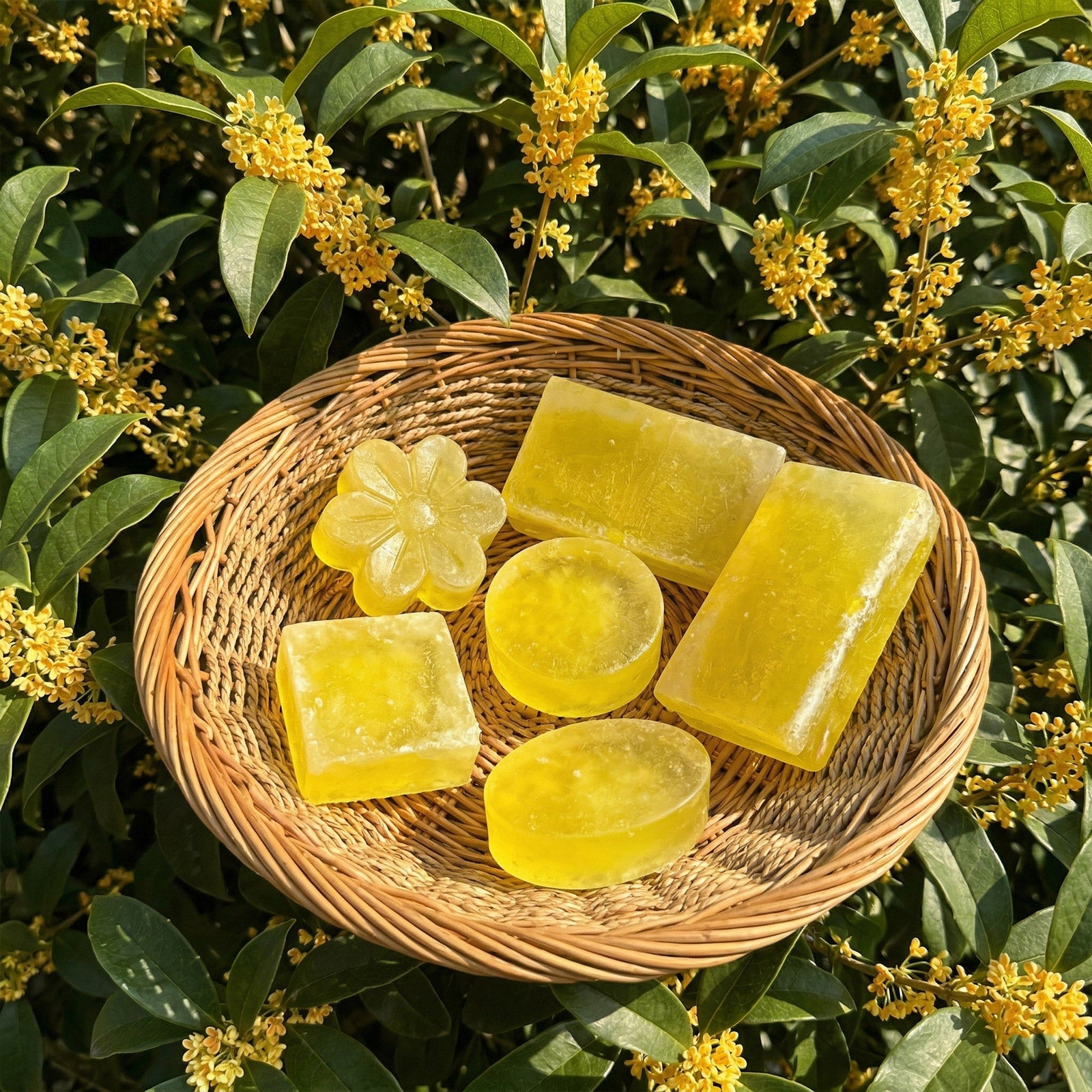 Assorted Osmanthus Soap Bars in Woven Basket - Boowan Nicole
