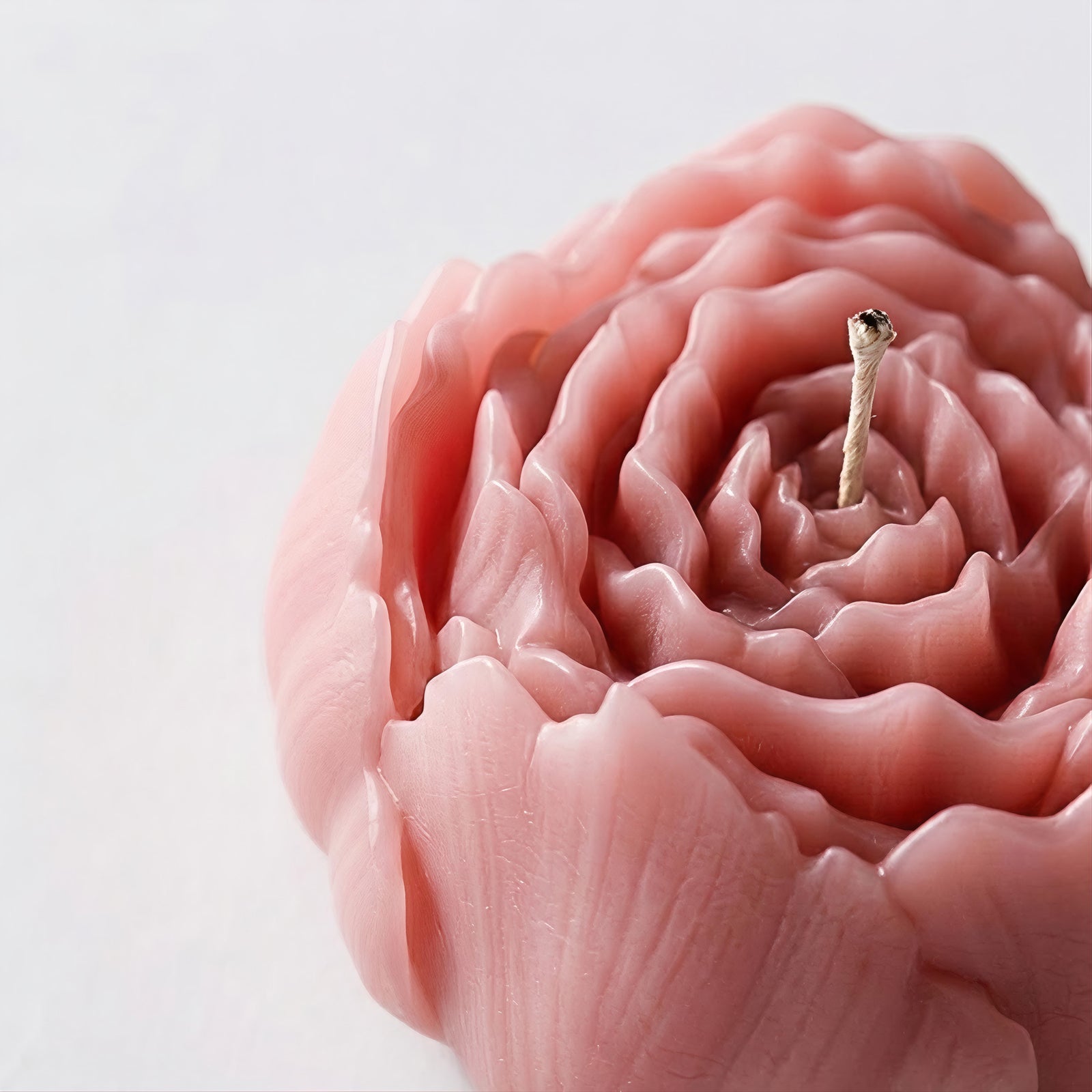 Close-up of a pink peony candle, highlighting the intricate petal texture and centered wick. -Boowan Nicole