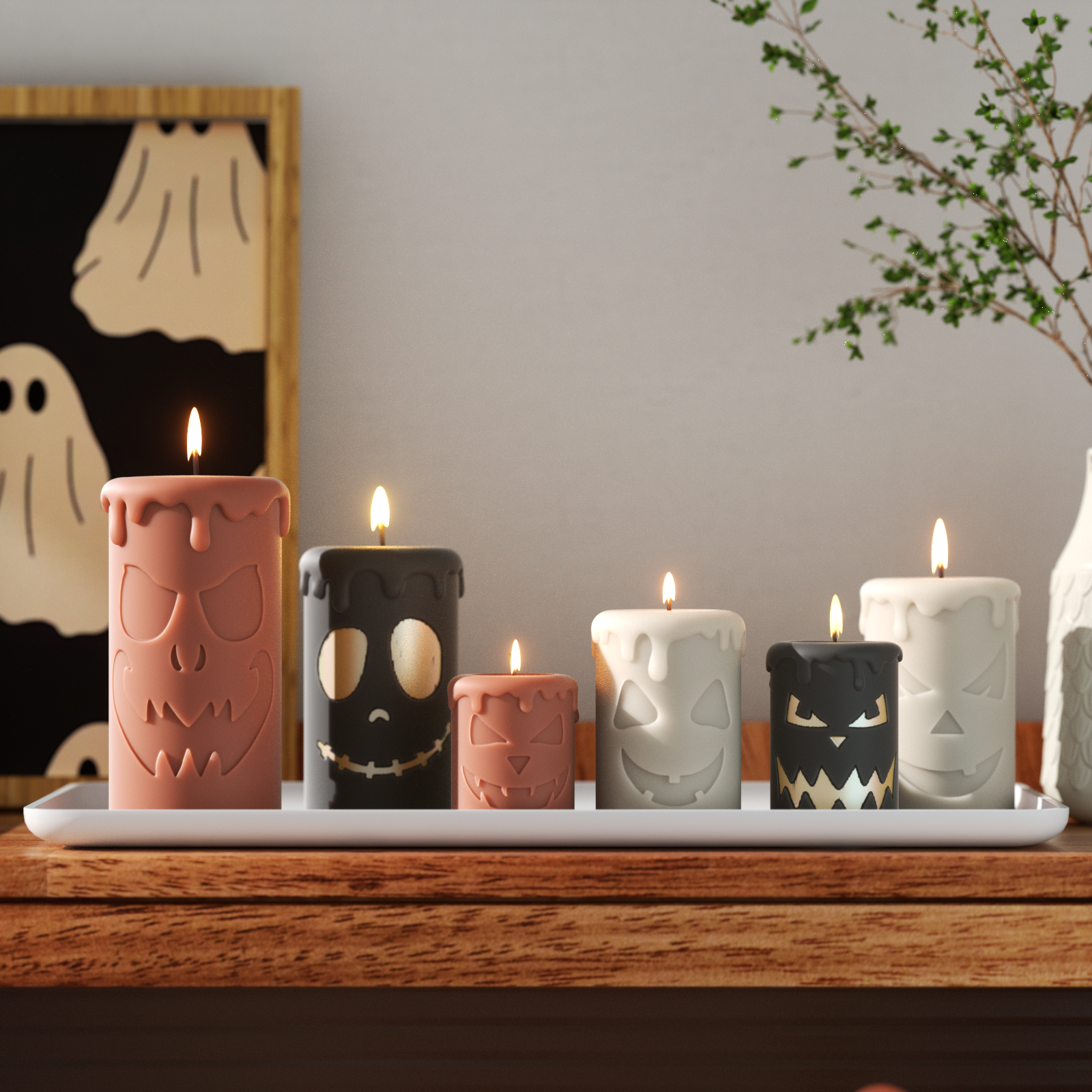 やや使用されたハロウィンゴーストフェイス柱キャンドル型コレクション