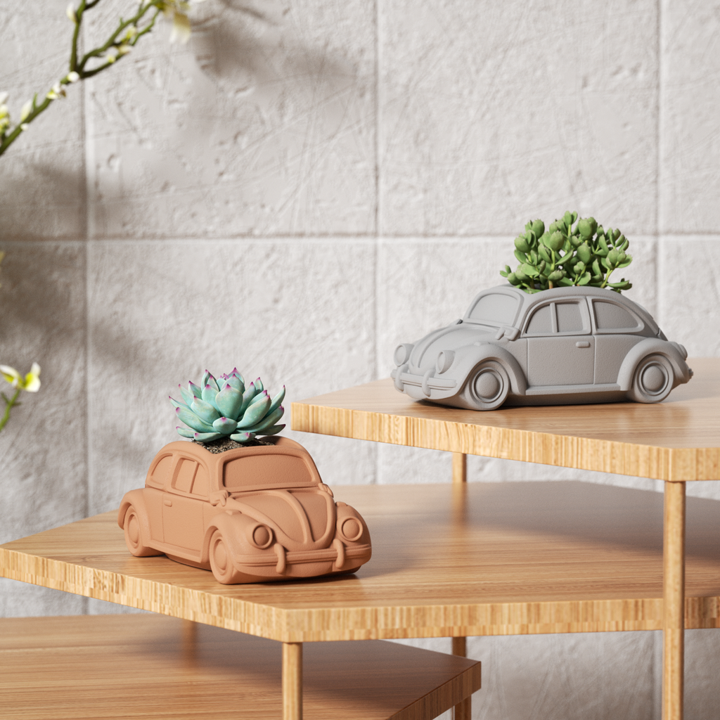 Succulents are planted in gray and khaki car-shaped flower pots on the flower stands.