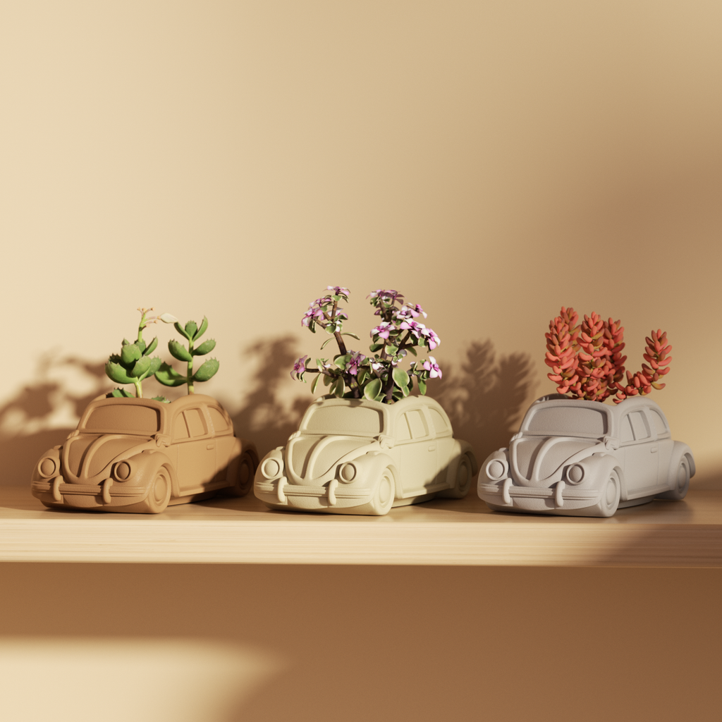 Different small plants are planted on three car-shaped plant pots on the table.