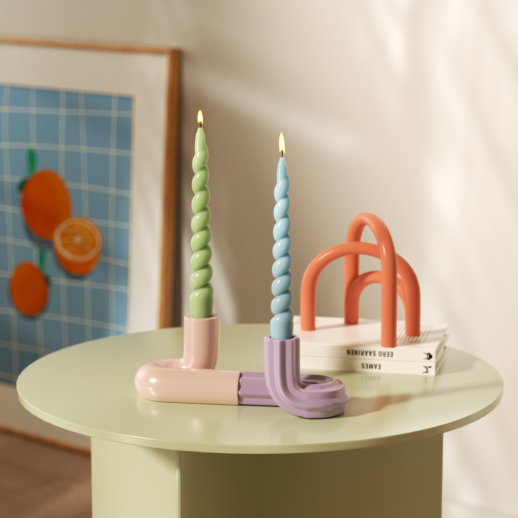 Twisted candles paired with modern pastel geometric candle holders, perfect for adding a stylish touch to any room-Boowan Nicole