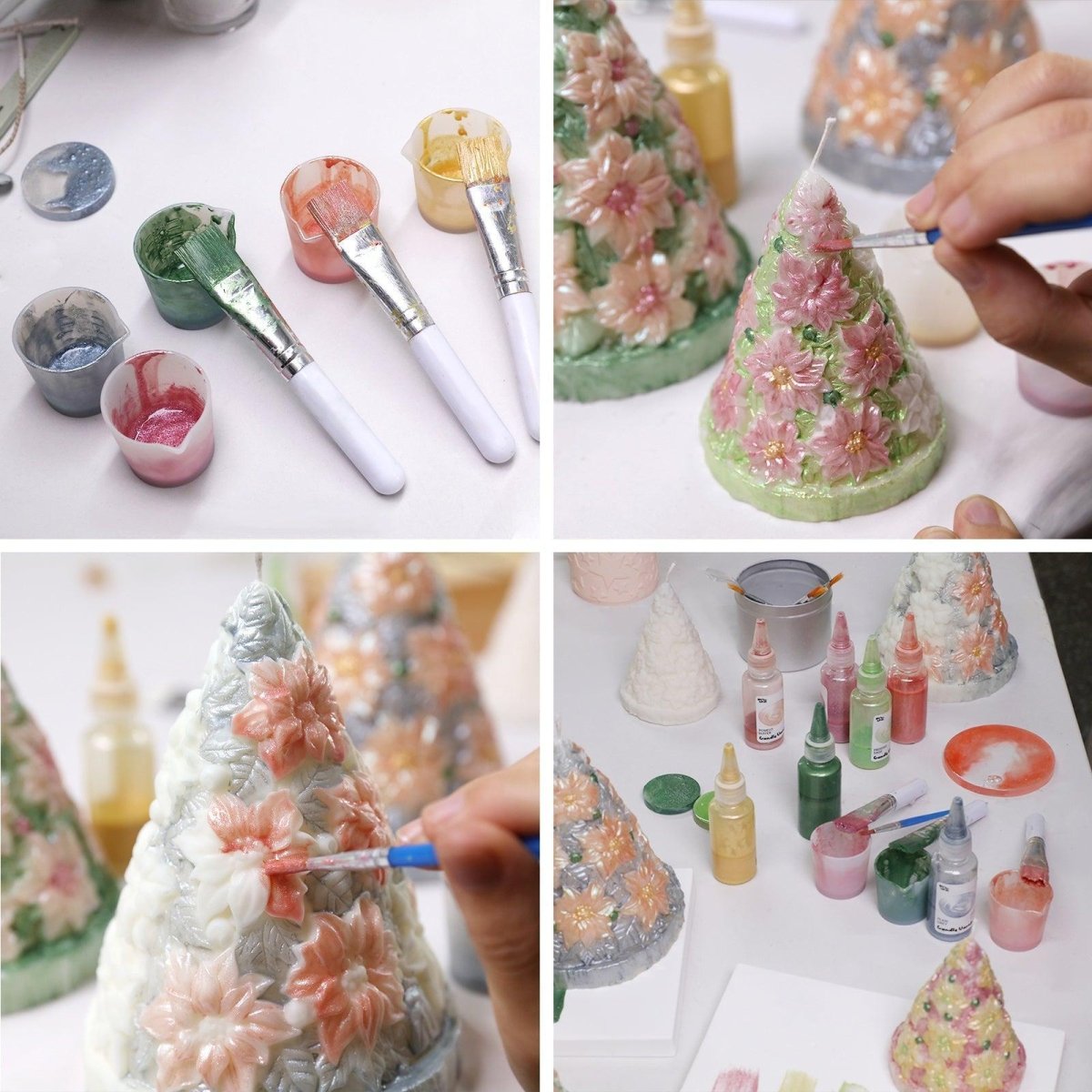 Hand-painting Christmas tree candles with mica powder in red, green, and gold tones – festive DIY decoration project in progress - Boowan Nicole