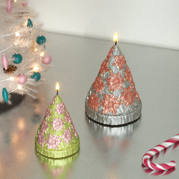 Festive hand-painted Christmas candles with poinsettia patterns — silver and green cone-shaped designs perfect for holiday decor and DIY gifts - Boowan Nicole