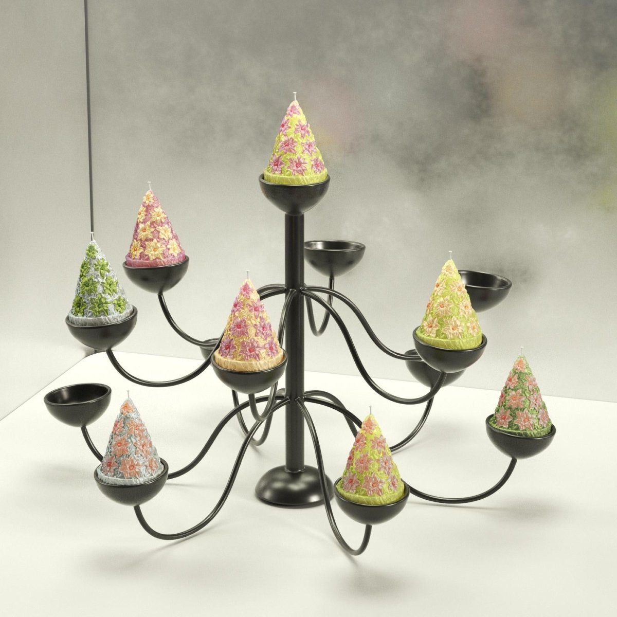 Colorful Christmas tree candles on a black metal holder, ideal for festive decor - Boowan Nicole
