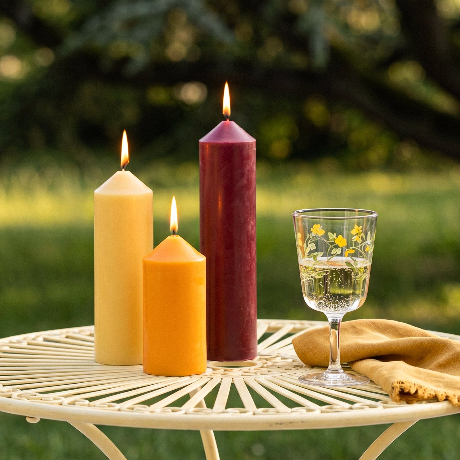 Lit Pointed Pillar Candles on Outdoor Table with Wine Glass - Usage Scene Display - Boowan Nicole