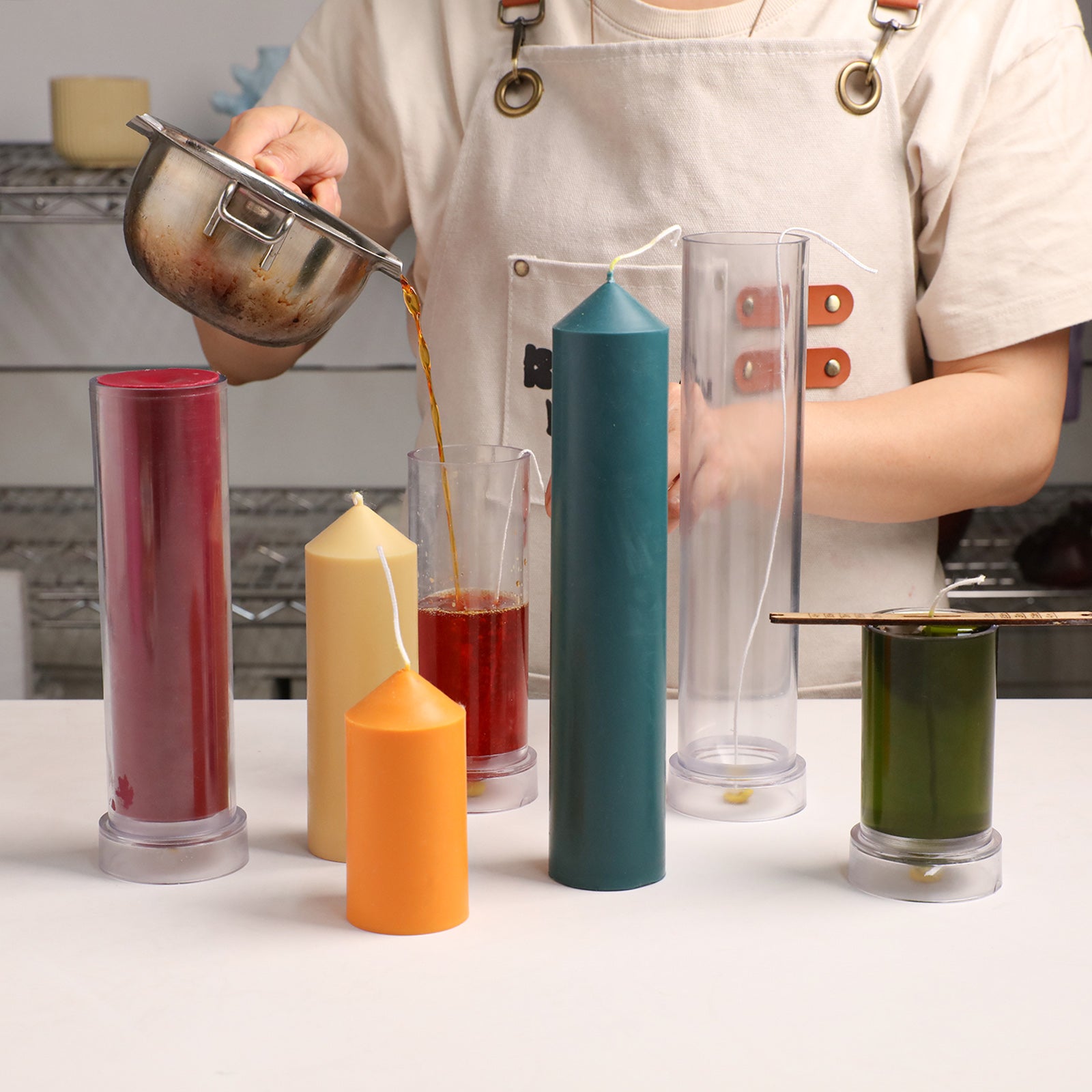 Pouring Wax into Pointed Pillar Acrylic Candle Molds - Candle Making Process Step - Boowan Nicole