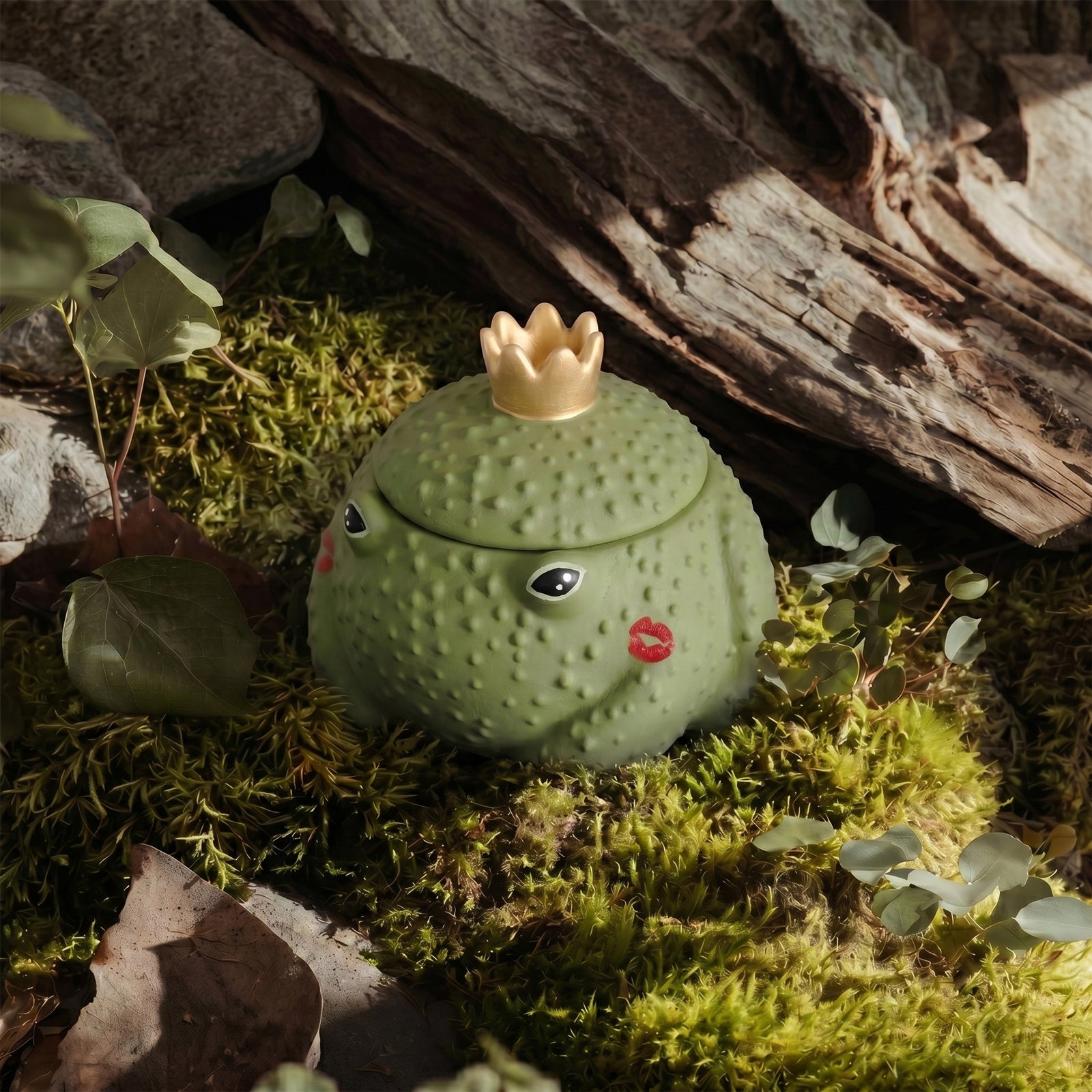 Frog Prince Candle Jar in Mossy Forest Setting - Whimsical Fairy Tale Home Decor - Boowan Nicole