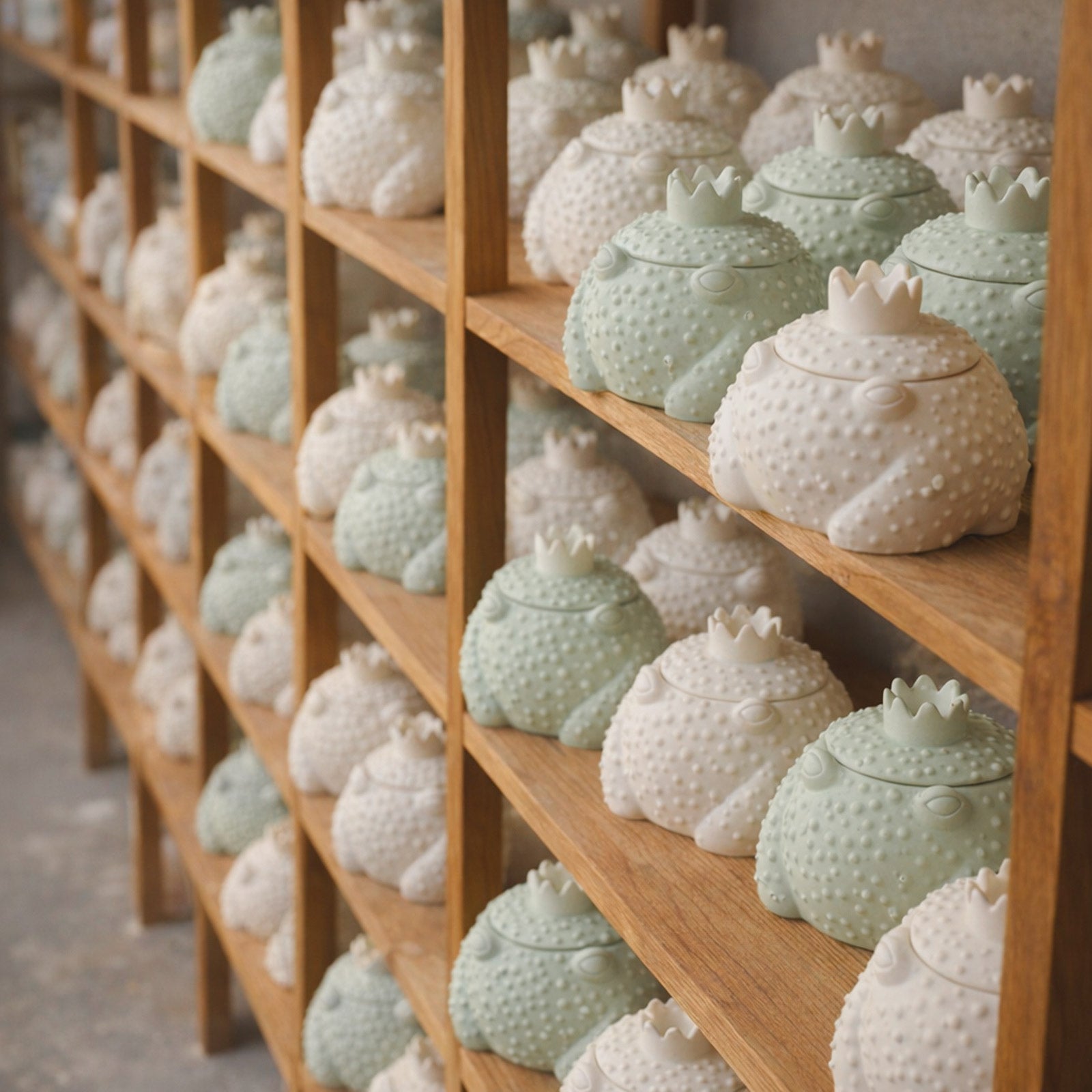 Frog Prince Candle Jars Display on Wooden Shelves - Whimsical Craft Collection - Boowan Nicole