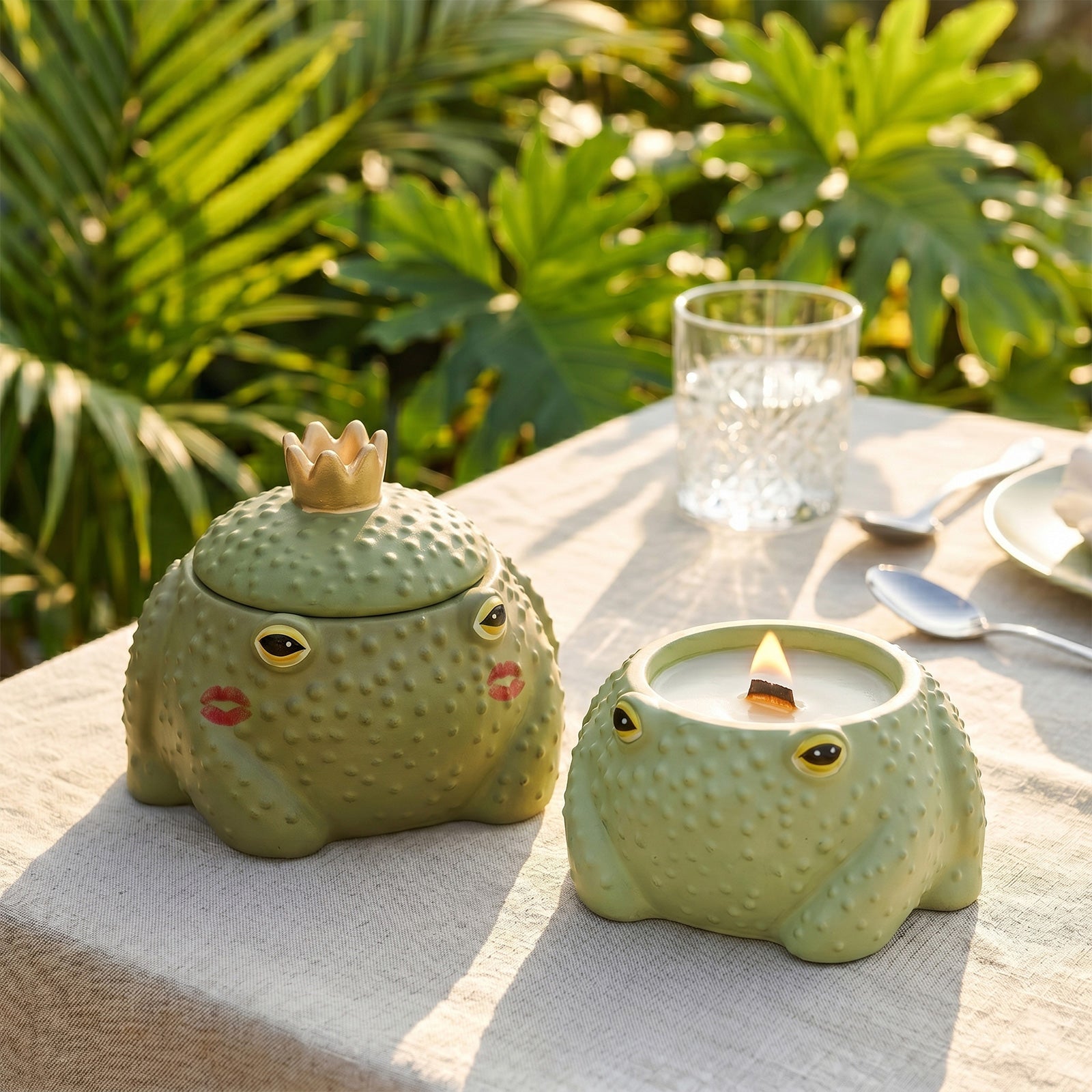 Frog Prince Candle Jars Burning on Outdoor Table - Whimsical Scented Candle Vessels - Boowan Nicole