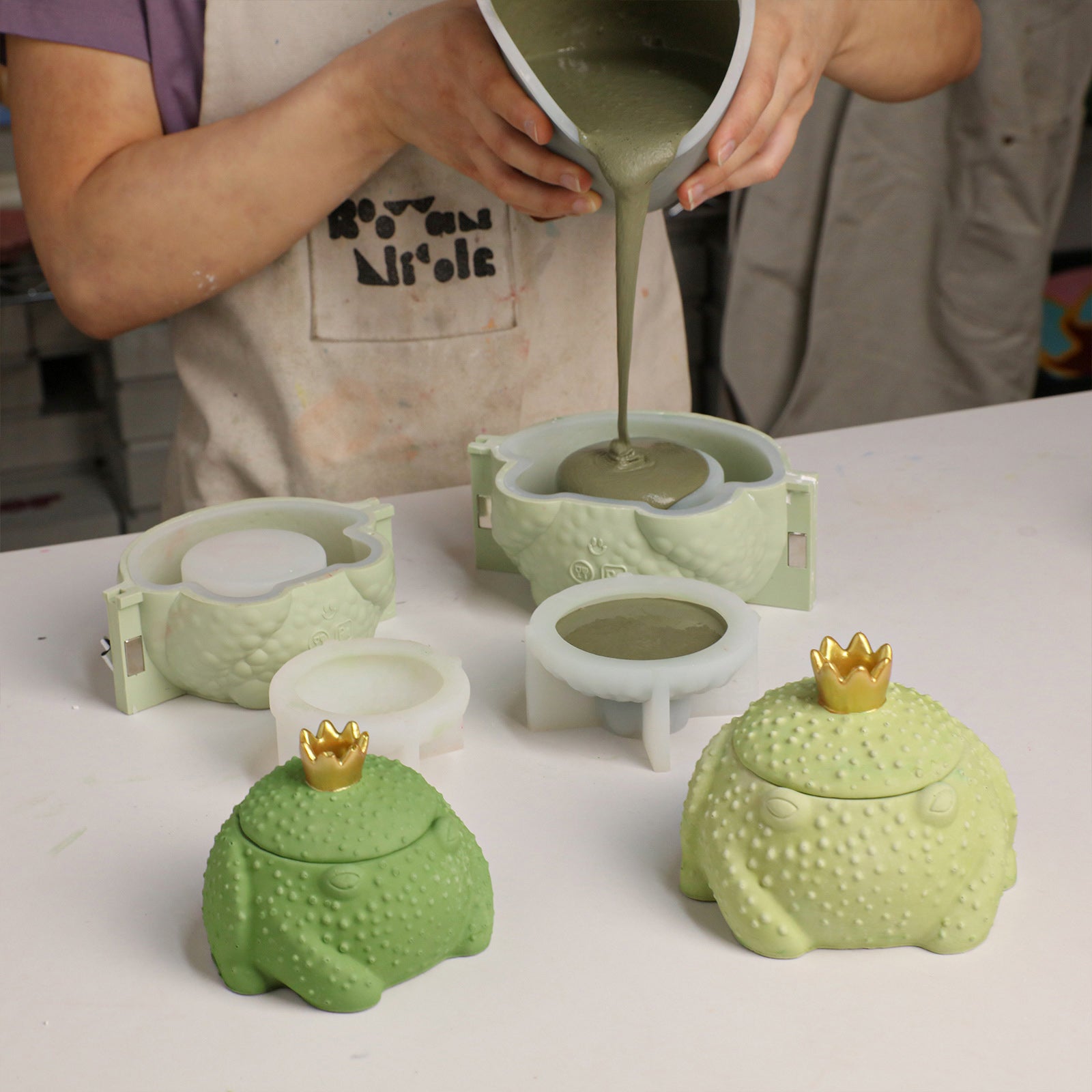 Pouring Plaster into Frog Prince Candle Jar Silicone Mold - DIY Craft Process - Boowan Nicole