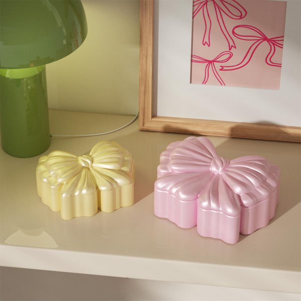 Hand-painted pink and yellow bow storage jar with glitter sealer varnish, a great choice for home decor-Boowan Nicole