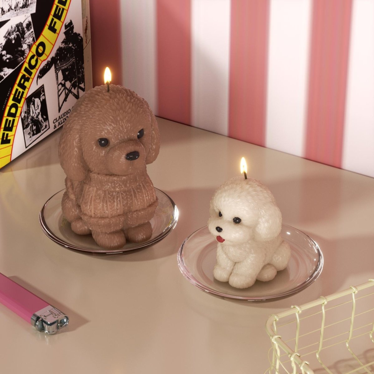 Hand-poured poodle candles with realistic details, shown burning on glass plates - Boowan Nicole
