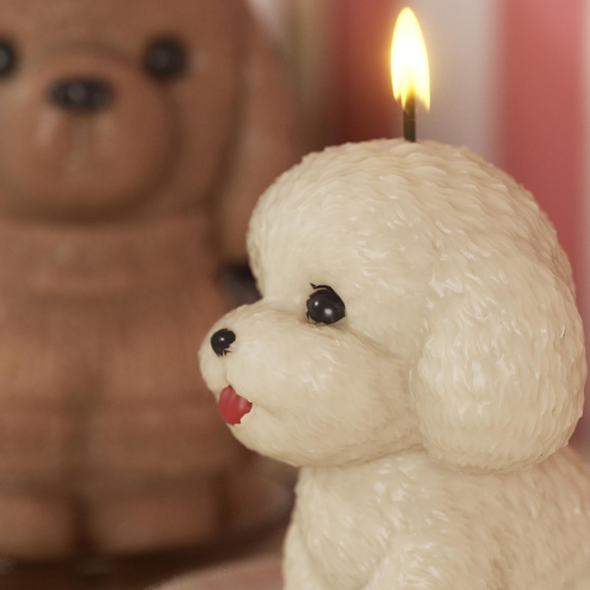 Close-up of a handmade poodle candle with lifelike fur texture and playful tongue detail - Boowan Nicole