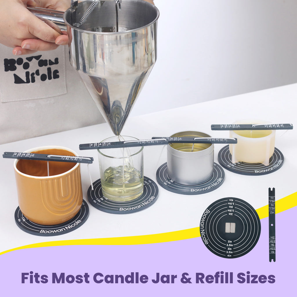 Using Boowan Nicole's magnetic centering setter to pour candles into containers of different materials