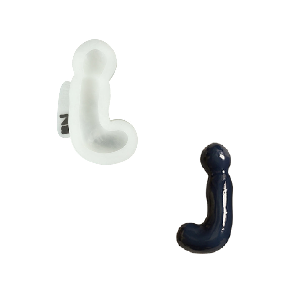 Lowercase letter j silicone mold and the matching finished soap on a white background