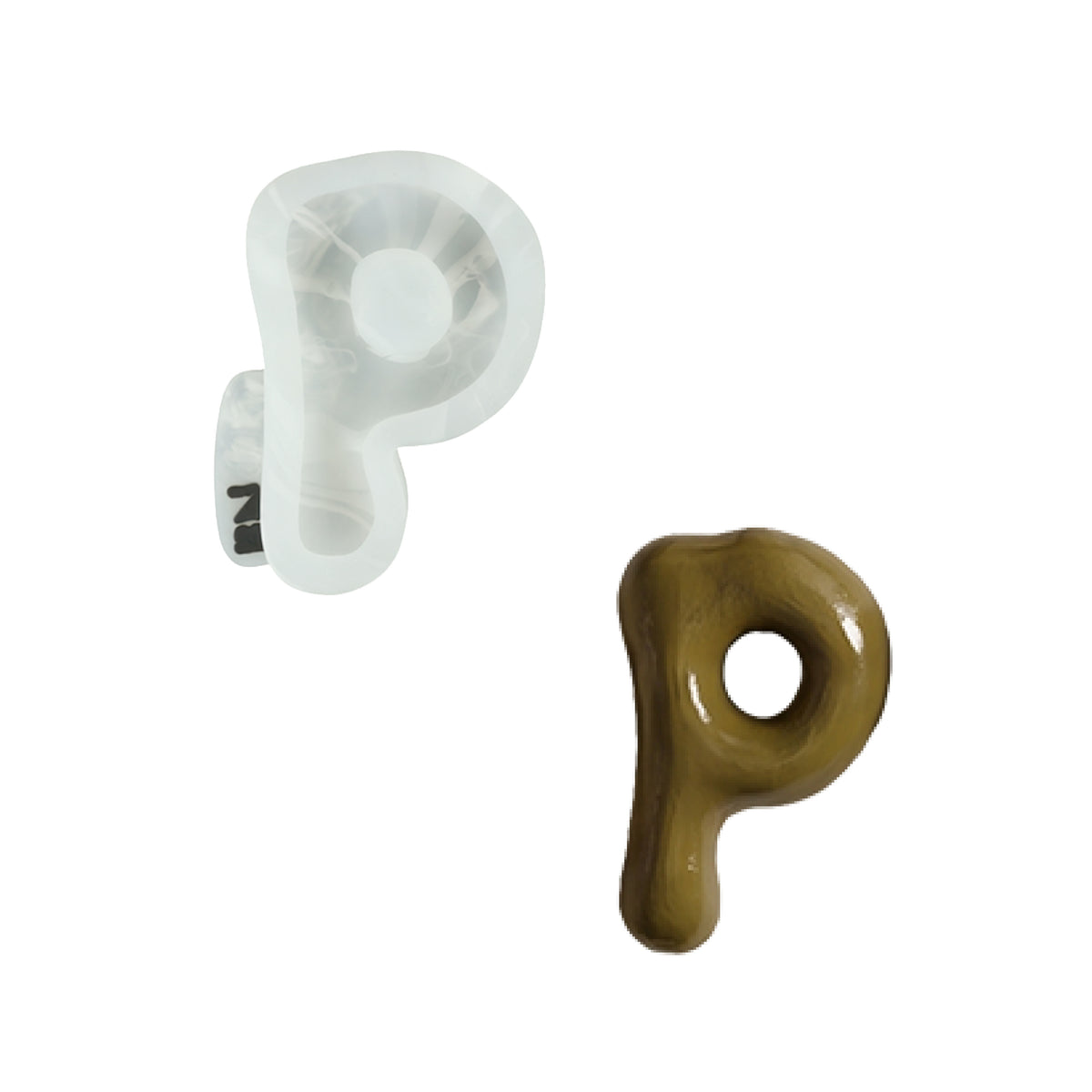 Lowercase letter p silicone mold and the matching finished soap on a white background