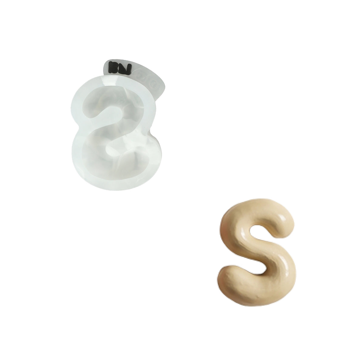Lowercase letter s silicone mold and the matching finished soap on a white background