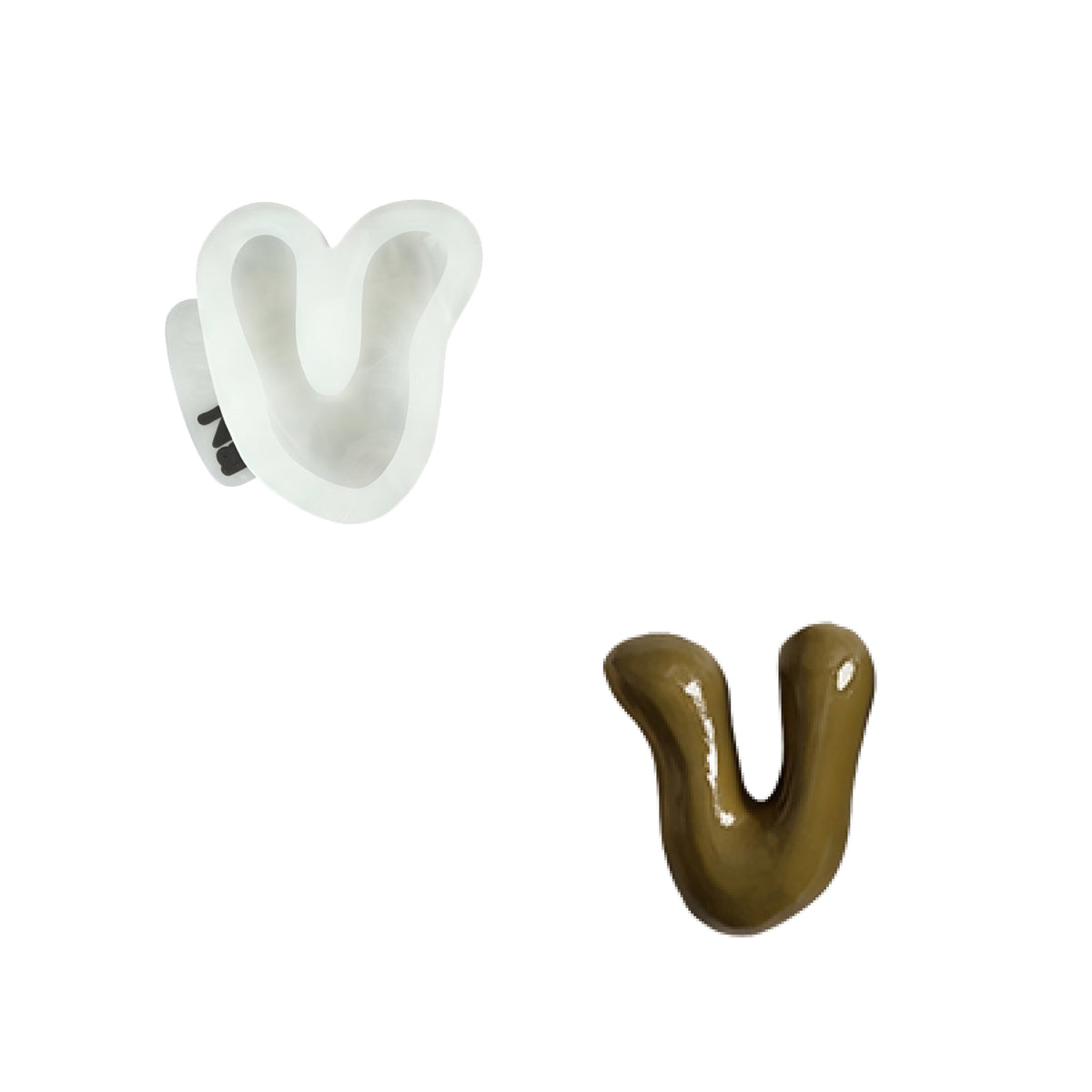 Lowercase letter v silicone mold and the matching finished soap on a white background