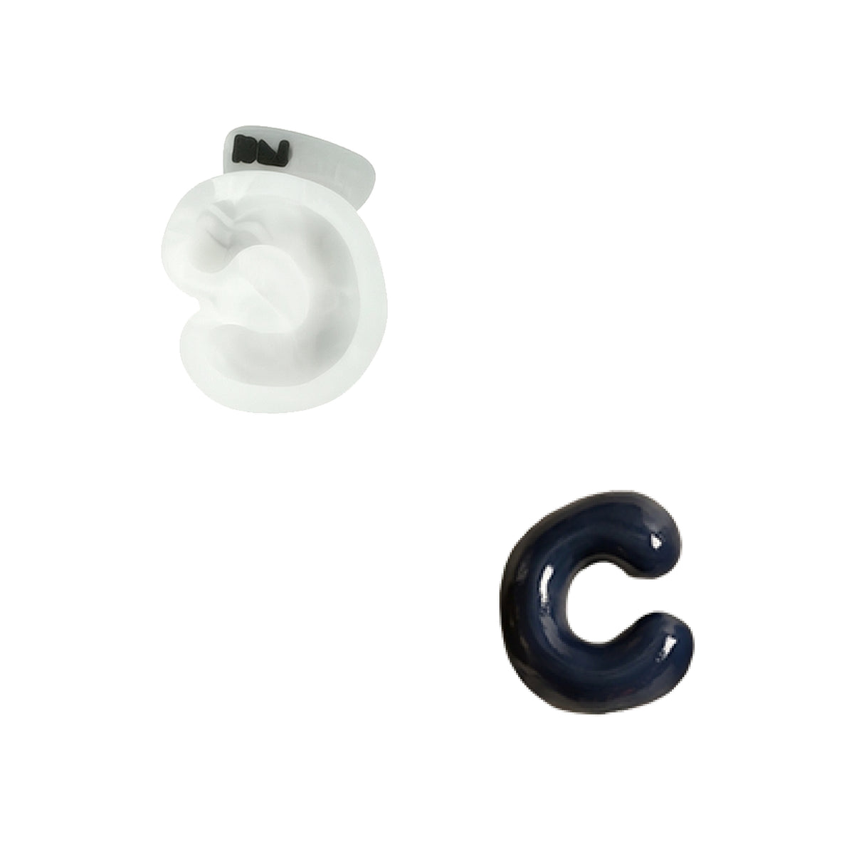 Lowercase letter c silicone mold and the matching finished soap on a white background