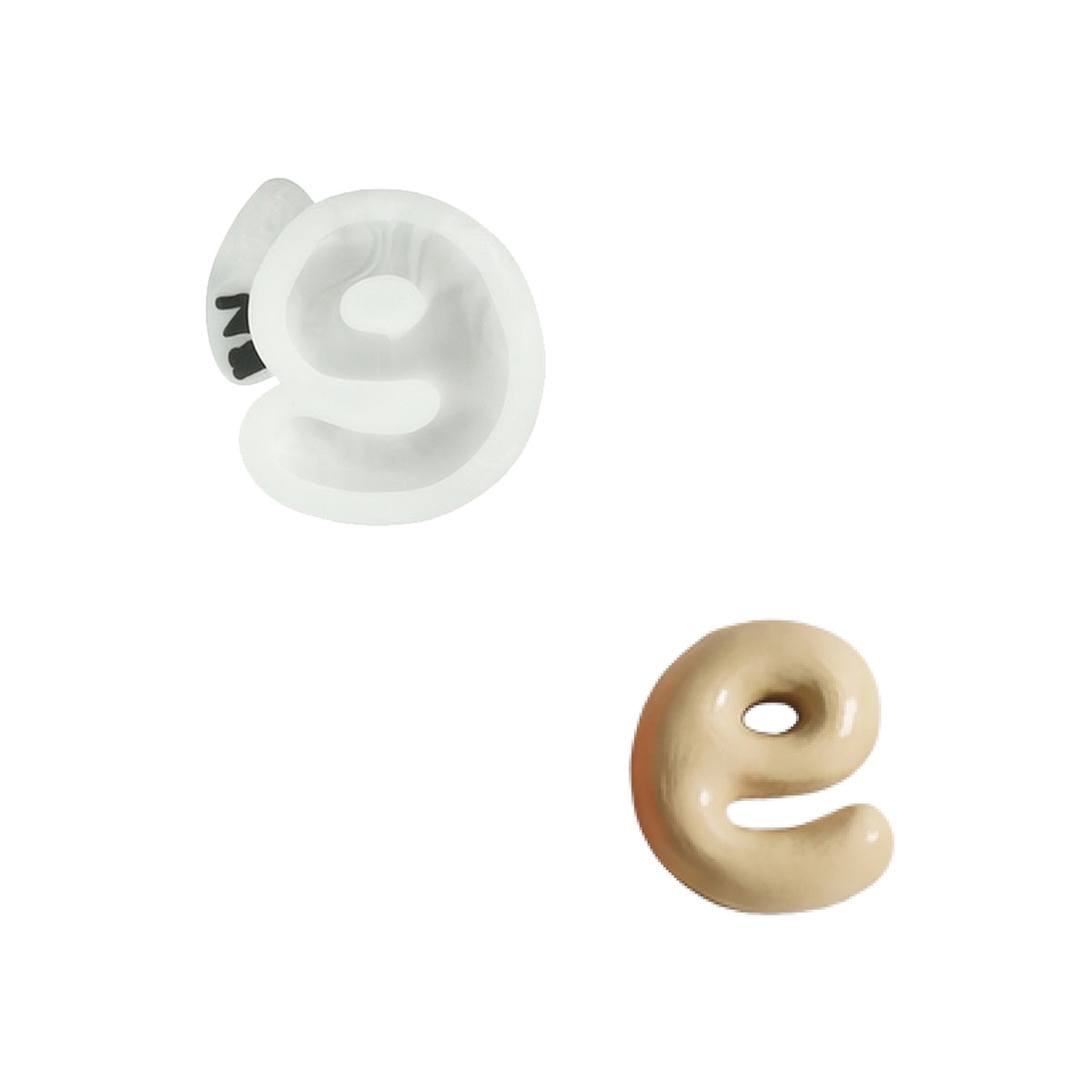 Lowercase letter e silicone mold and the matching finished soap on a white background