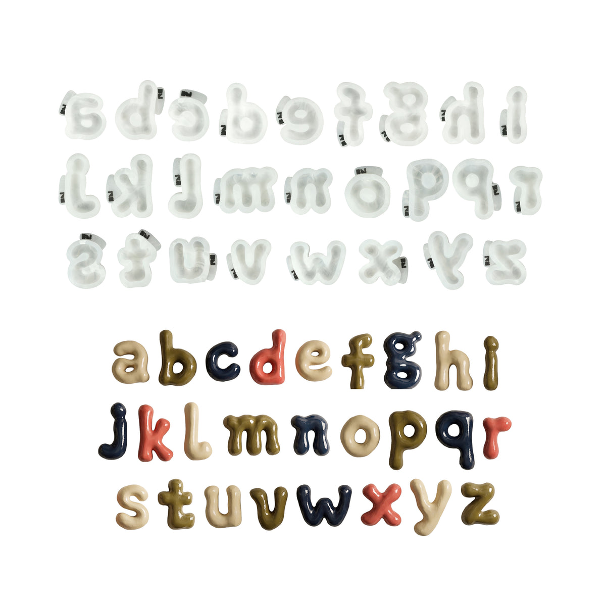 Complete set of 26 lowercase alphabet silicone molds with matching finished letter soaps