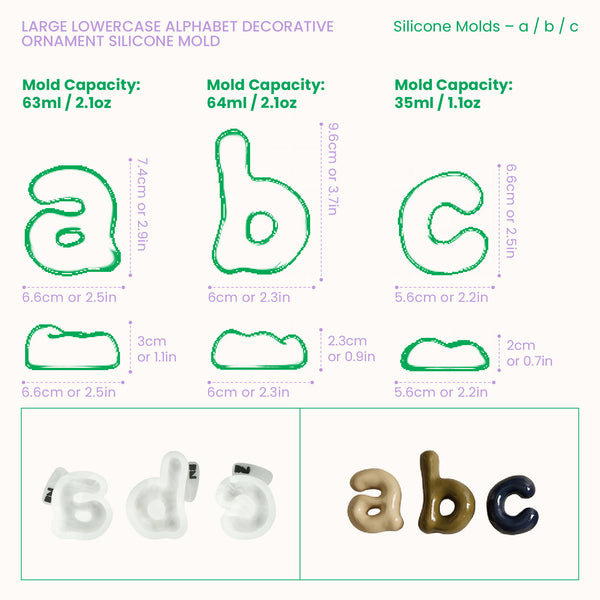 Lowercase letter silicone mold dimensions and casting capacities for letters a to c