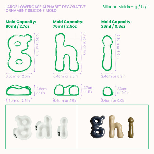 Lowercase letter silicone mold dimensions and casting capacities for letters g to i