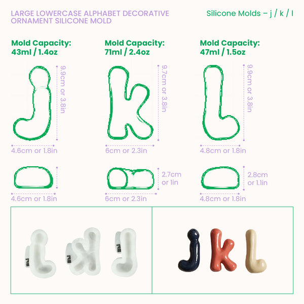 Lowercase letter silicone mold dimensions and casting capacities for letters j to l