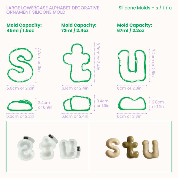 Lowercase letter silicone mold dimensions and casting capacities for letters s to u