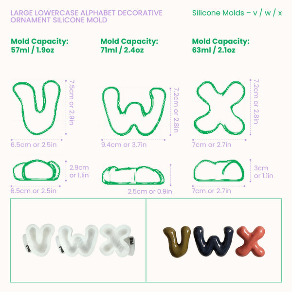 Lowercase letter silicone mold dimensions and casting capacities for letters v to x