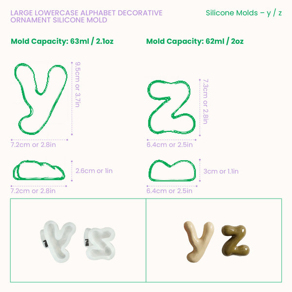 Lowercase letter silicone mold dimensions and casting capacities for letters y to z