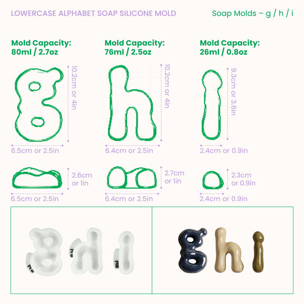 Size guide for lowercase soap letters g, h, i, showing dimensions and mold capacities