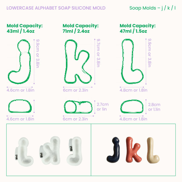 Size guide for lowercase soap letters j, k, l, showing dimensions and mold capacities