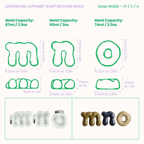 Size guide for lowercase soap letters m, n, o, showing dimensions and mold capacities