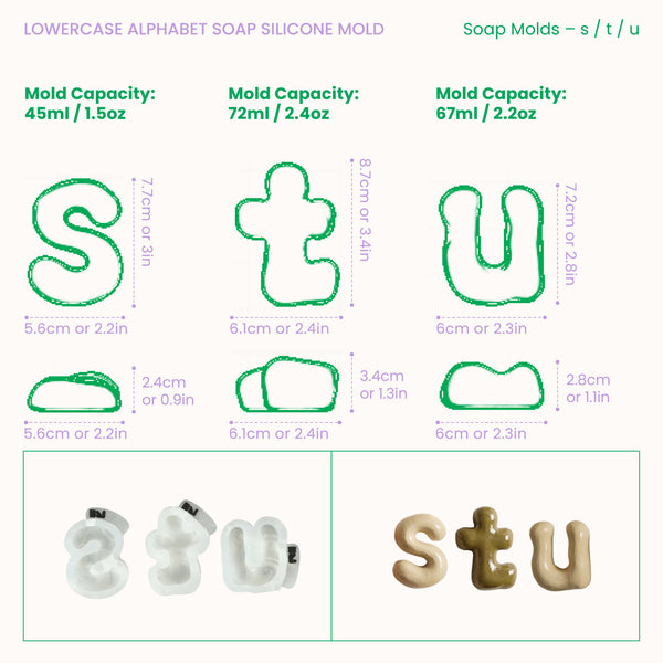 Size guide for lowercase soap letters s, t, u, showing dimensions and mold capacities