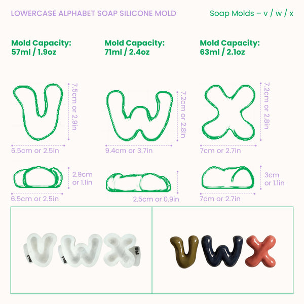 Size guide for lowercase soap letters v, w, x, showing dimensions and mold capacities