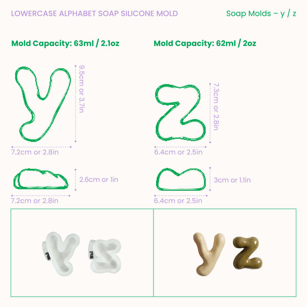 Size guide for lowercase soap letters y, z, showing dimensions and mold capacities