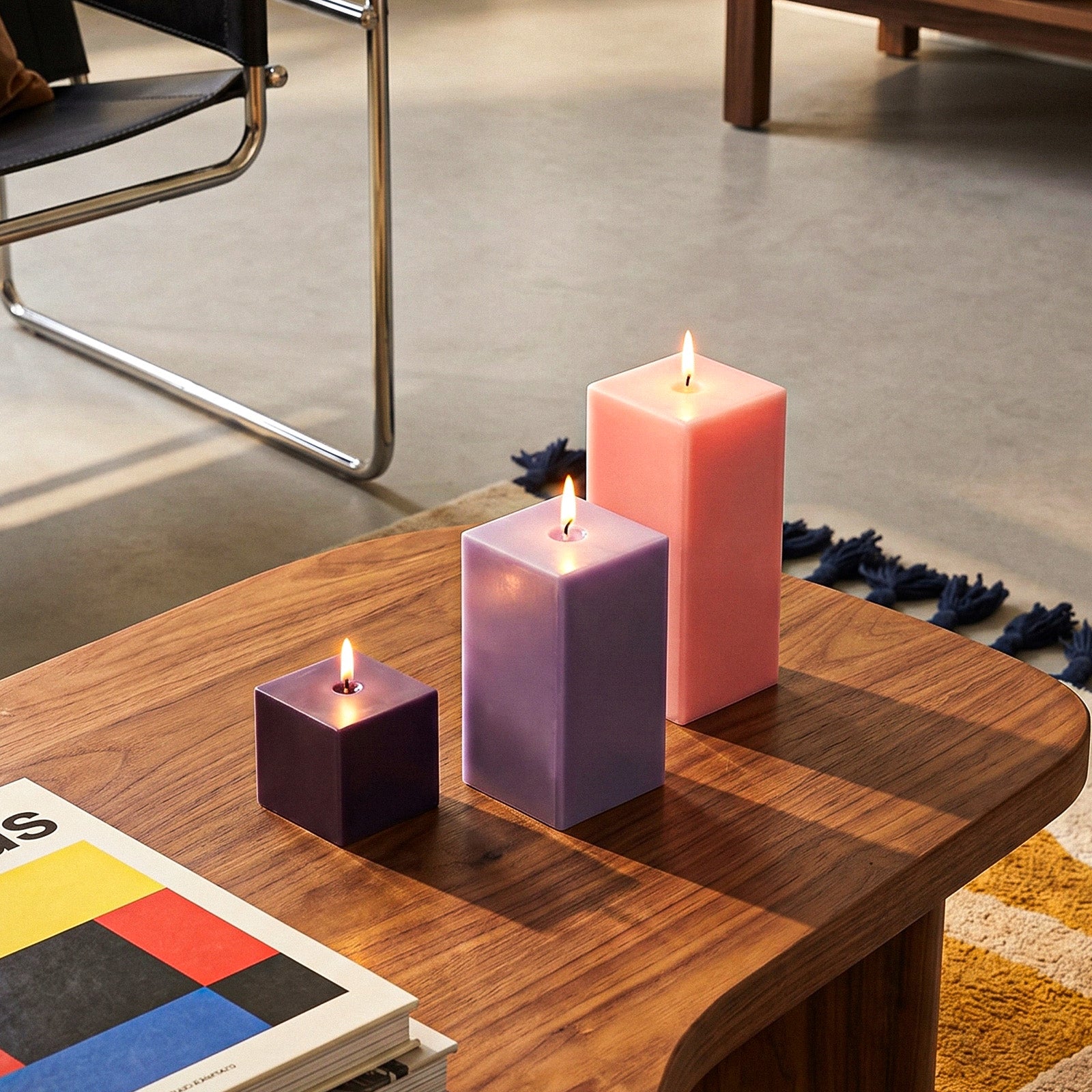  Burning Geometric Pillar Candles in Living Room - Minimalist Home Decor Accent - Boowan Nicole